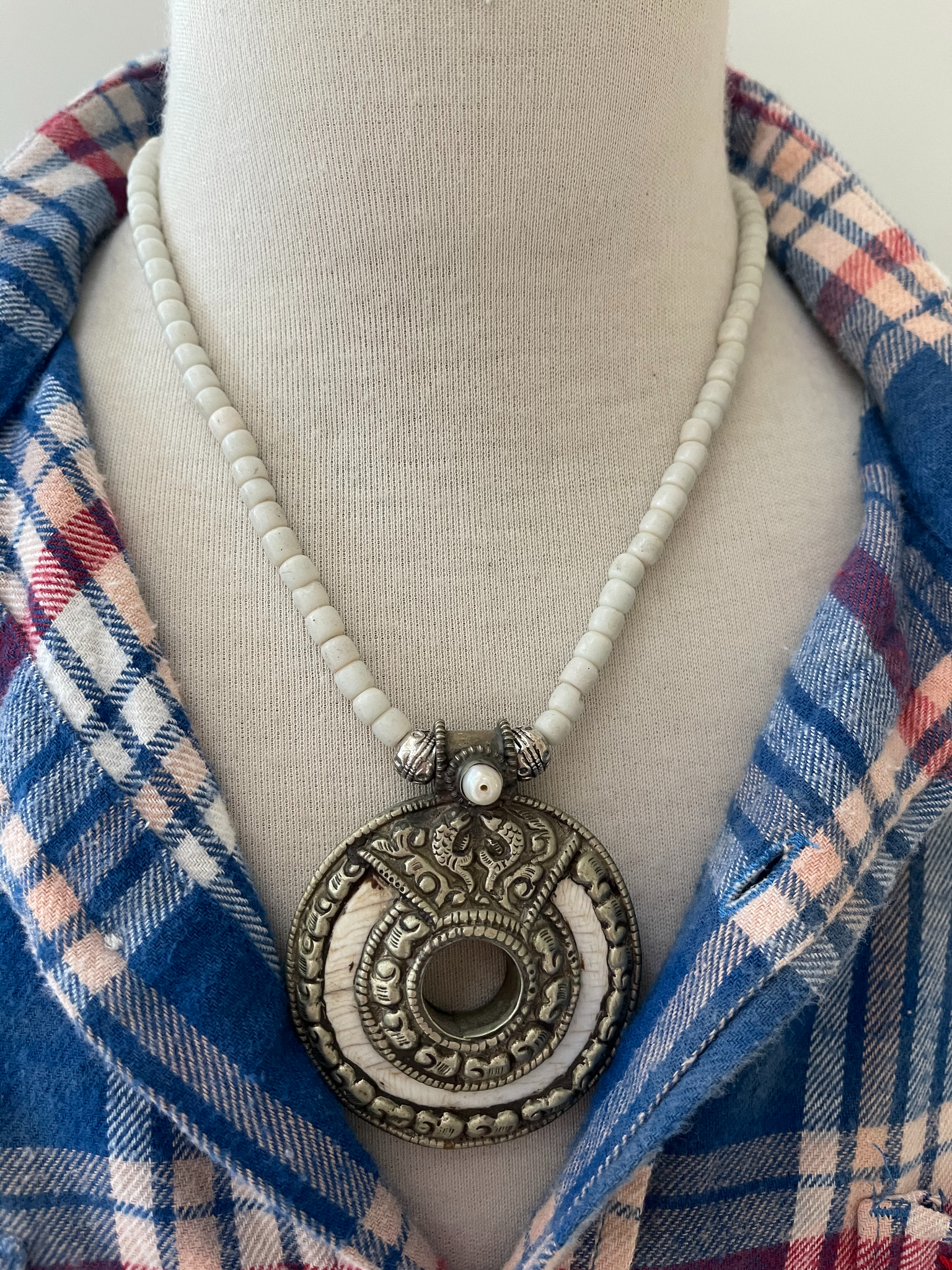 Tibetan Silver and Bone Ornament Necklace