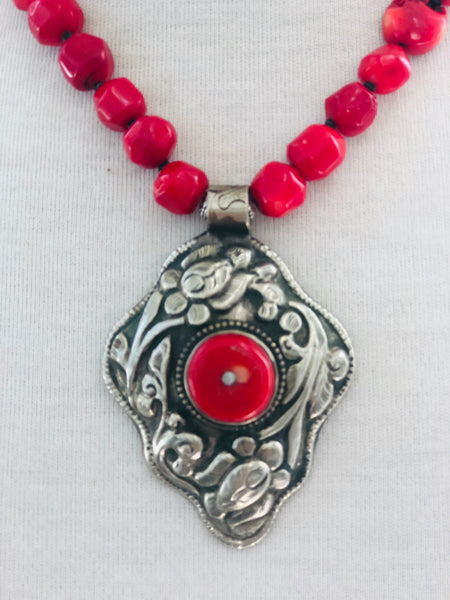 Tibetan Silver and Coral Statement Necklace