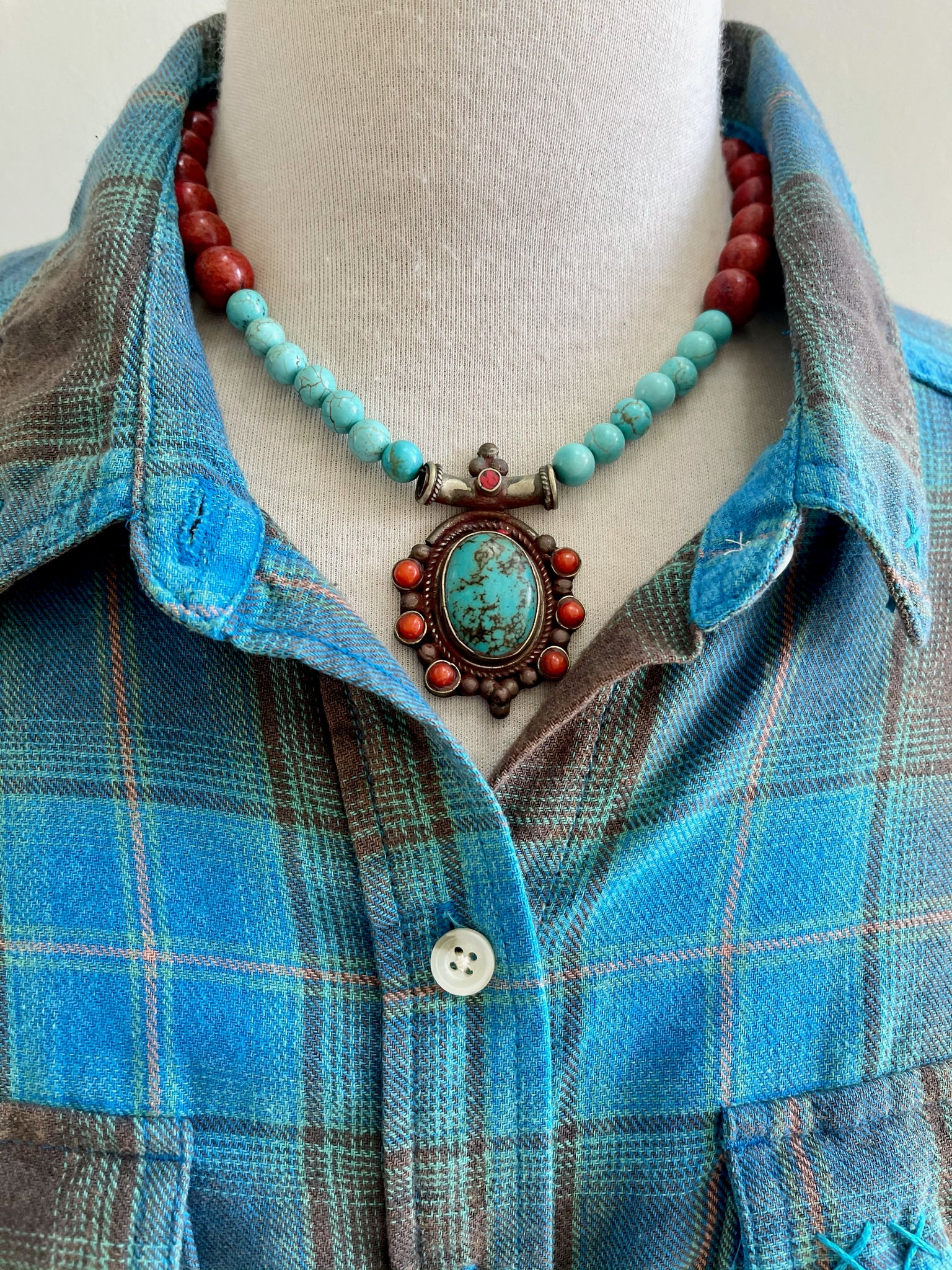 Turquoise and Red Stone Beaded Necklace